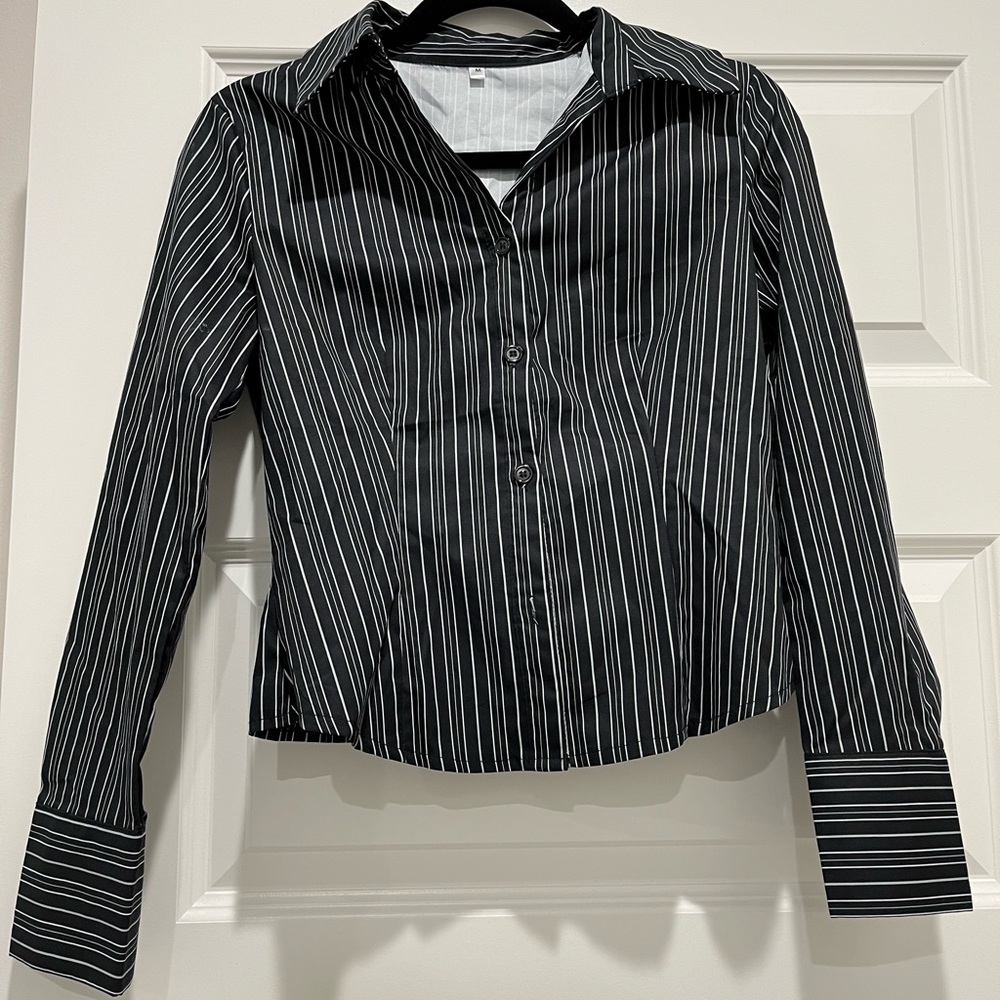 YesStyle Black Pinstripe Button Down Shirt